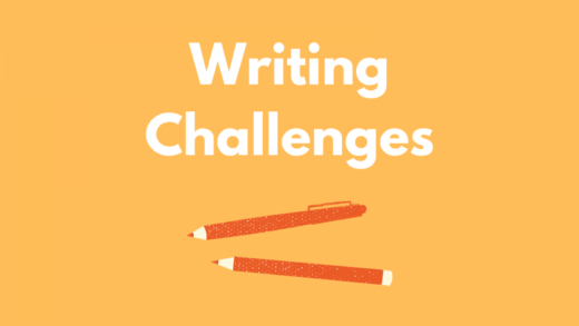 Image that reads Writing Challenges. Orange pens on a yellow background.