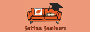 Image of orange sofa with a mortarboard, scroll and cushion with ILF logo. Text reads Settee Seminars.
