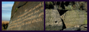Two images of the Stanza Stones Poetry Trail stones. Text engraved on stone slabs.