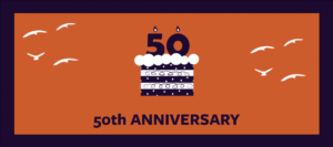 Image of a birthday cake against an orange background with text that reads 50th anniversary.